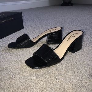 Black Croc Chunky Heeled Sandals